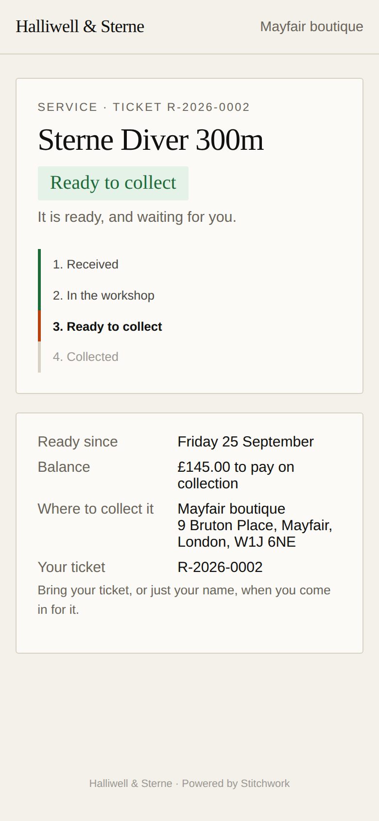 The repair's status page on the client's phone: ready to collect, the balance, and where to collect it