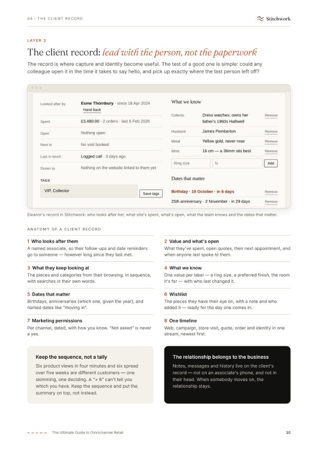 A page from the guide: the anatomy of a client record, with a screenshot of one