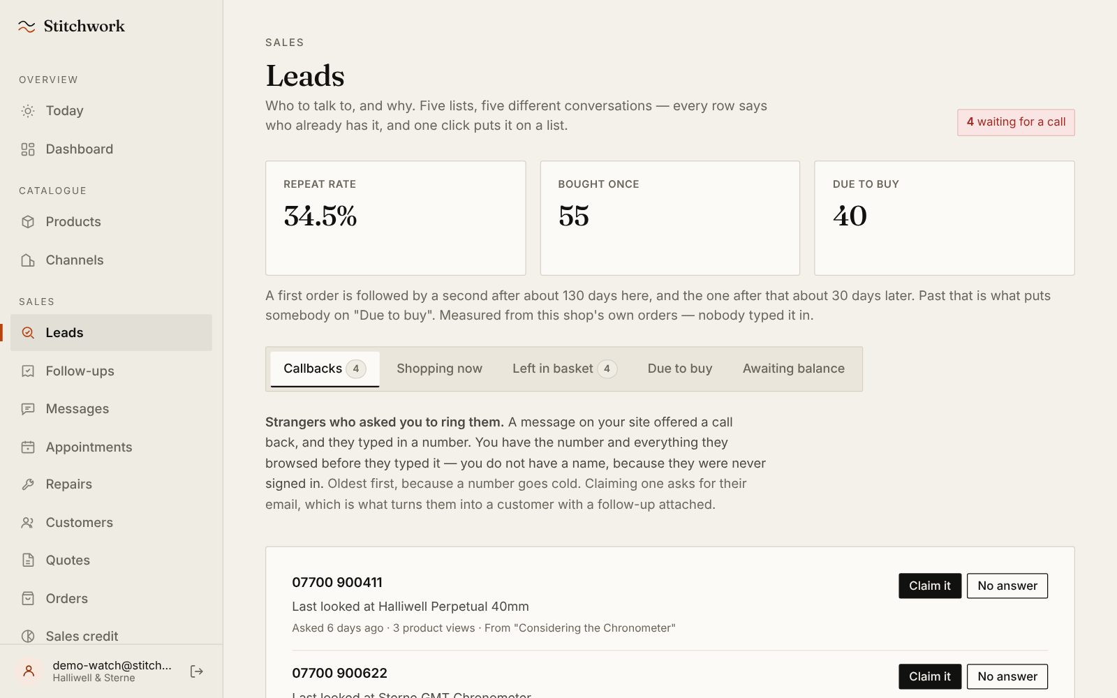 The Leads screen: the shop's repeat rate, clients who have bought once and who is due to buy, above the rhythm measured from its own orders