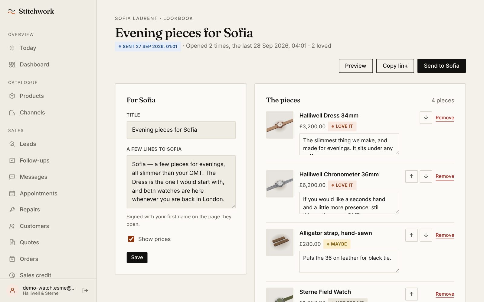 The lookbook Esme built for Sofia: four pieces with a note on each, and Sofia's answer beside every one